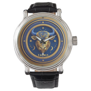 Montre Taureau doré dans un cercle du zodiaque cosmique