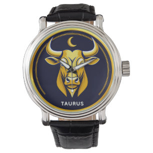 Montre Taureau doré dans un cercle zodiacal cosmique