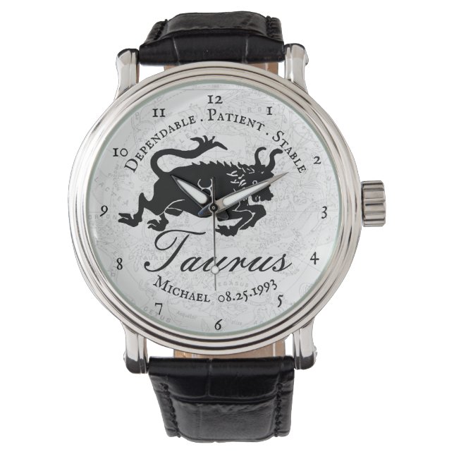 Montre Taurus Zodiac noir blanc astrologie Traits personn (devant)