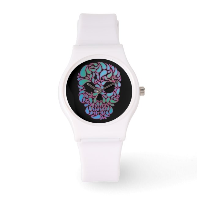 Montre Teardrop Candy crâne en bleu, vert et rose (Recto)