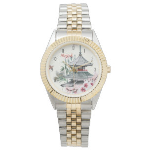 Montre Temple personnalisé, Bambou, Fleurs de cerisiers J