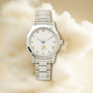 Montre Tendance Beige élégant Monogramme Or Nom