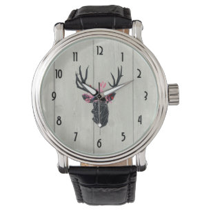Montre Tête de cerf géométrique avec couronne florale
