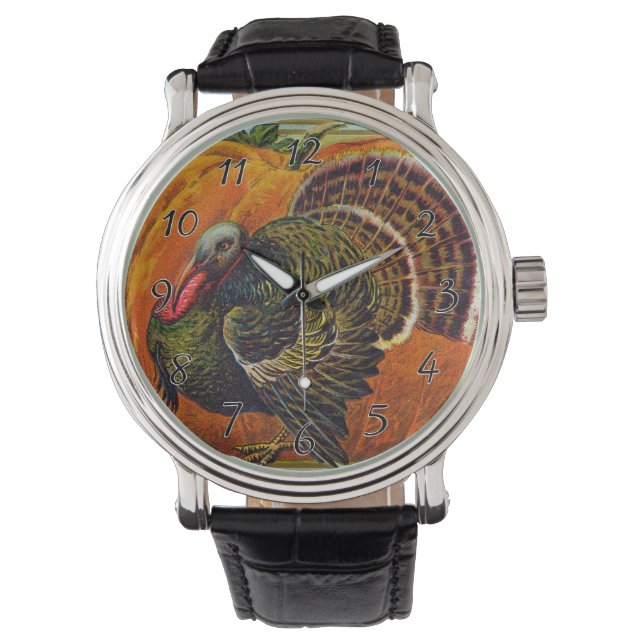Montre Thanksgiving Turquie devant un Citrouille orange (devant)