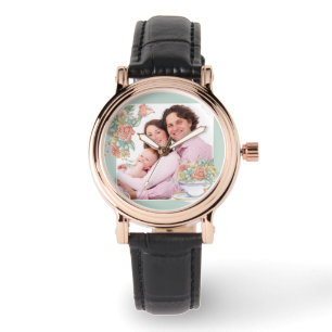 Montre Théière florale aquarelle photo personnalisée