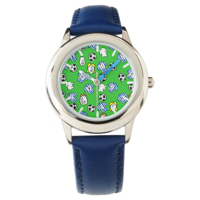 Montre Thème de football avec chemises en Bleu & Blanc (devant)