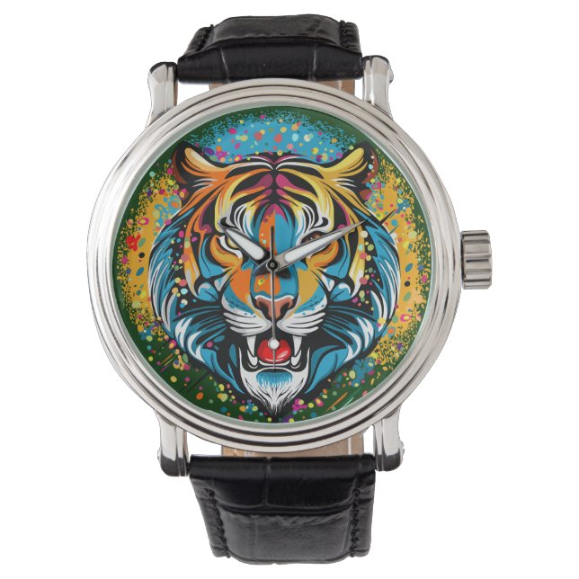 Montre Tiger Head Rainbow colors paint stains (devant)
