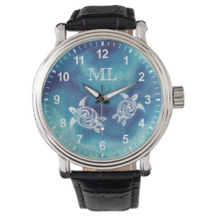 Montre Tortues blanches dans l'océan bleu aquarelle Monog
