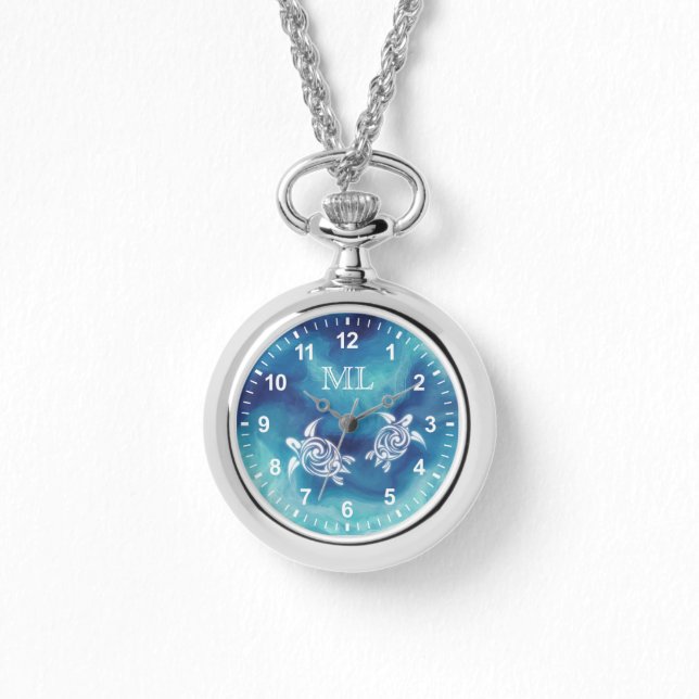 Montre Tortues blanches dans l'océan bleu aquarelle Monog (Recto)