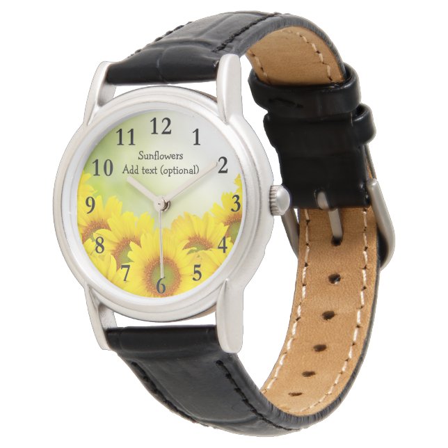 Montre Tournesol Femme bracelet en cuir noir (Incliné)