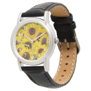 Montre Tournesols sur la sangle en cuir noir des femmes