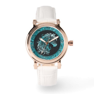 Montre Tourquoise cowgirl floral à outils cuir tête de ch