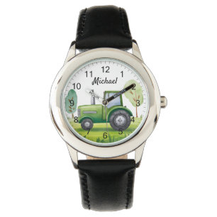 Montre Tracteur vert personnalisé ferme aquarelle enfants