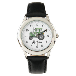Montre Tracteur vert personnalisé ferme aquarelle enfants