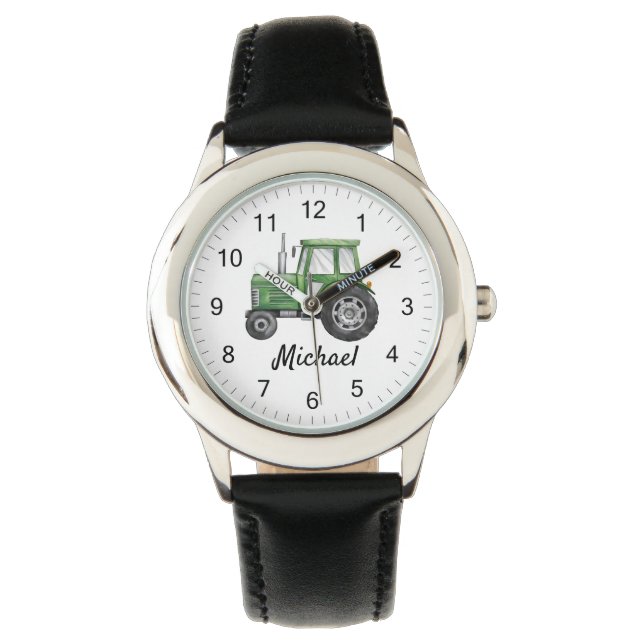 Montre Tracteur vert personnalisé ferme aquarelle enfants (devant)