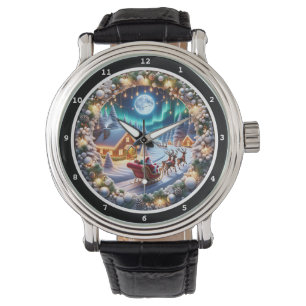 Montre Traîneau du Père Noël au-dessus du village enneigé