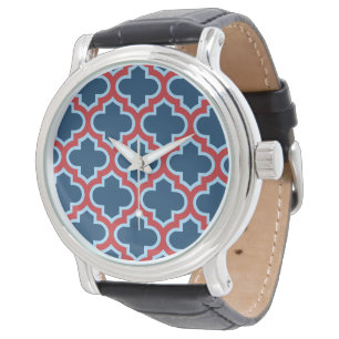 Montre Trellis Marocain Bleu et Rouge, Réseau, Quatrefeui