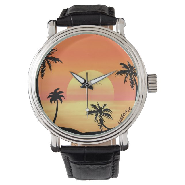 Montre Tropical Beach Sunset Palm Tree Silhouette Art (devant)