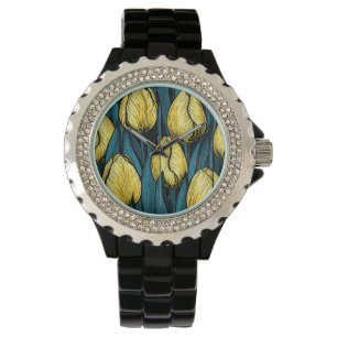 Montre Tulières jaunes avec feuilles bleus