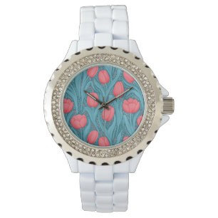 Montre Tulipes en bleu et rouge