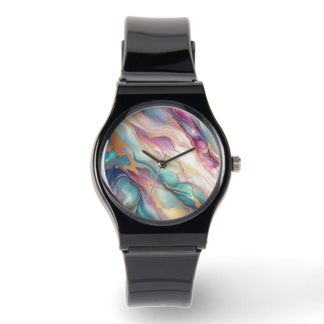 Montre Turquoise Aqua Blue violet rose or marbre Motif (Recto)