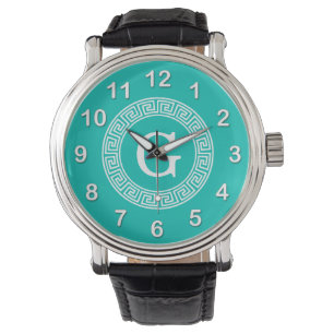 Montre Turquoise Blanc Clé grecque Cadre Ronde Monogramme