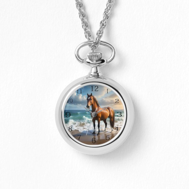 Montre Un Étonnant Cheval Brown Sur La Plage, (Recto)