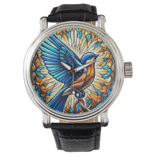 Montre Un oiseau bleu serein : Oeuvre en verre tendu