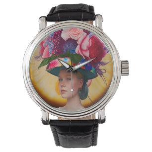 Montre Une dame avec un casquette solaire à fleurs