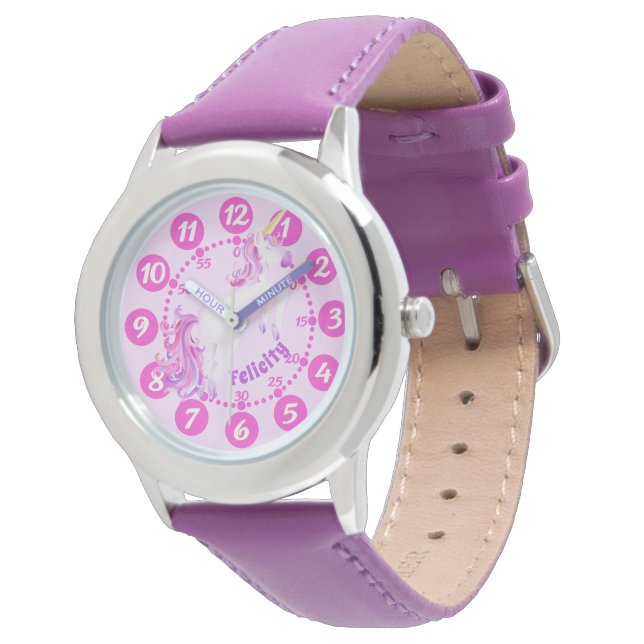 Montre Unicorn gallop rose violet art facile à lire (Incliné)