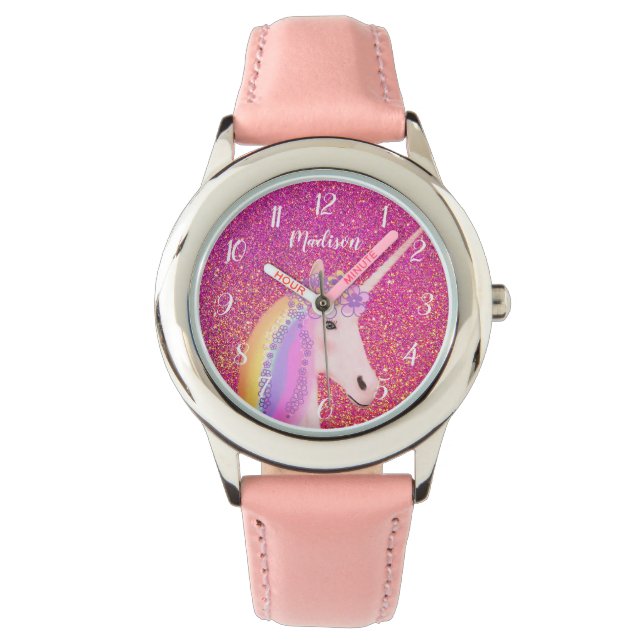 Montre Unicorne personnalisée Parties scintillant rose ét (devant)