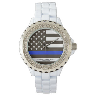 Montre *~* USA Mince Ligne Bleue Drapeau Officier de poli