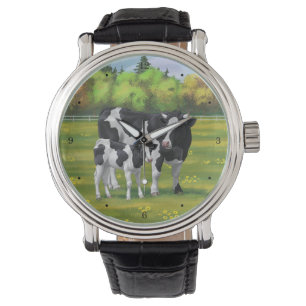 Montre Vache Holstein et veau mignon en pâturage d'été