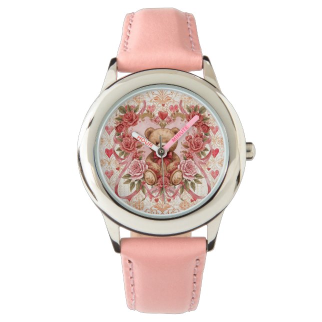 Montre Valentine's ,Teddy Bear,Pink Love Heart and Flower (devant)