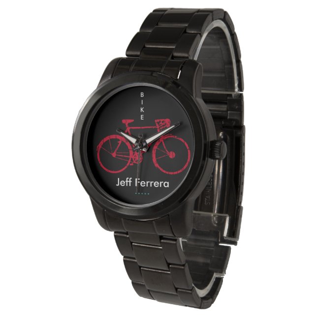 Montre vélo rouge personnalisé avec le nom (Incliné)