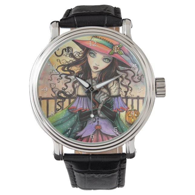 Montre Vents d'Halloween Imaginaire sorcière art chat (devant)