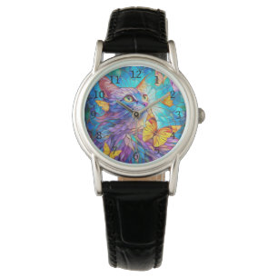 Montre Verre tendu Chat 730 papillons bleus jaunes