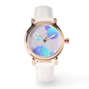 Montre Vibrant Aqua Blue Mandala sur Monogramme rose