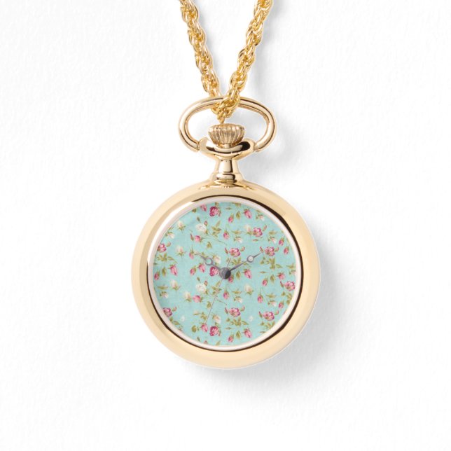 Montre Vintage motif floral rose bleu shabby rose chic  (Recto)