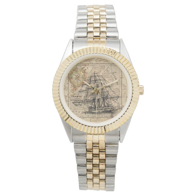 Montre Vintage Sailing Ship and Old European Map (devant)
