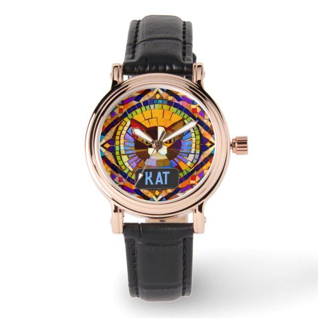 Montre Visage de chat en mosaïque - Vos initiales Art Déc (Recto)
