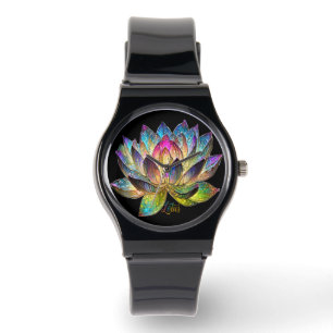 Montre Vitre coloré Fleur de lotus sur fond noir