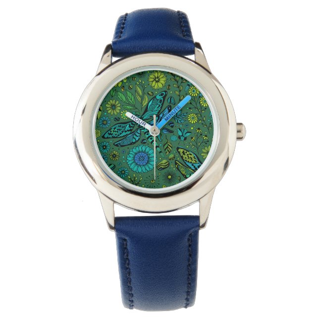 Montre Voler, voler la libellule sur le vert émeraude (devant)