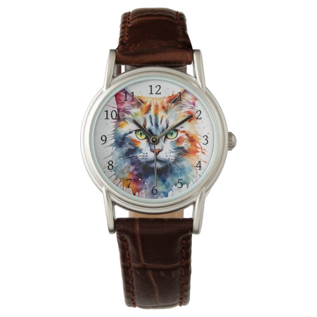 Montre Watercolor Cat Multicolor Splash art (devant)
