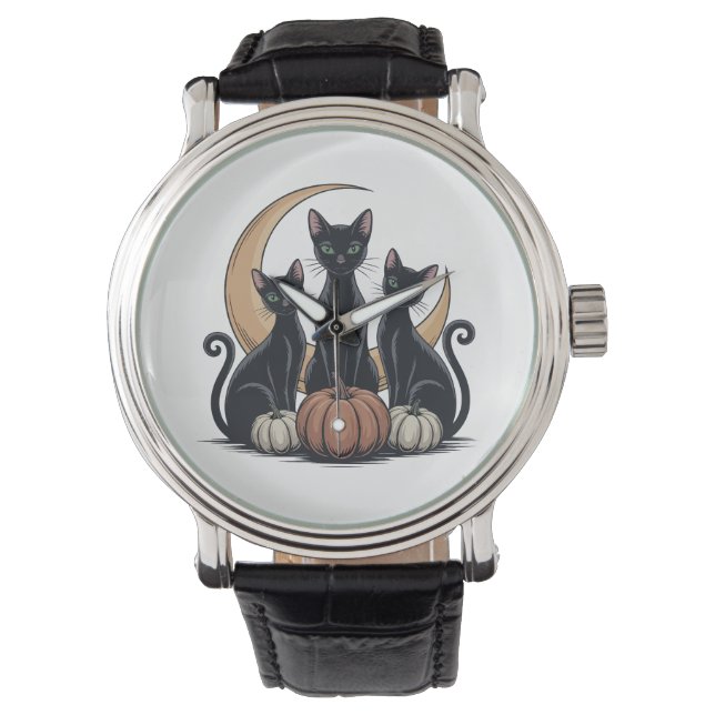 Montre Whimsigothique Chats noirs Citrouille Lune Hallowe (devant)