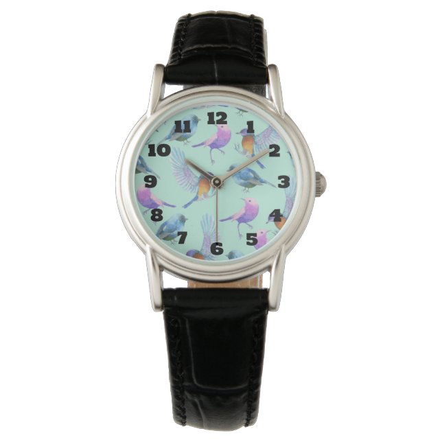 Montre Wild Exotic Birds Colorful Watercolor (devant)