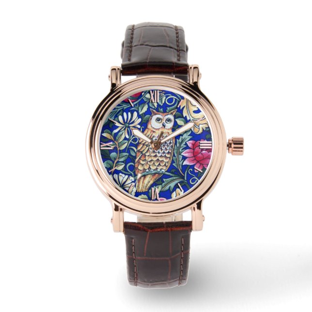 Montre William Morris Owl Tapestry, Beige et Cobalt Blue (Recto)
