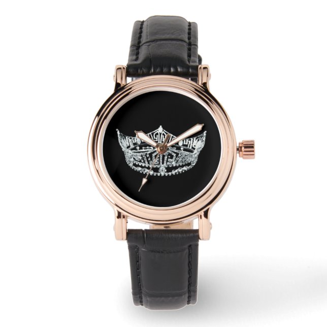 Montre Womens Black Leather Strap Pageant Crown Watch (Recto)