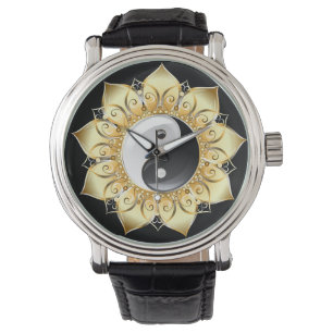 Montre Yin Yang avec pétales de lotus dorés