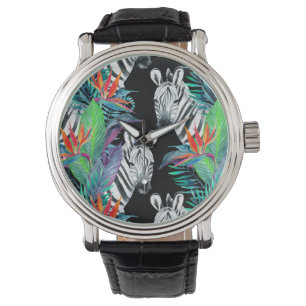 Montre Zèbre et motif de fleurs exotique